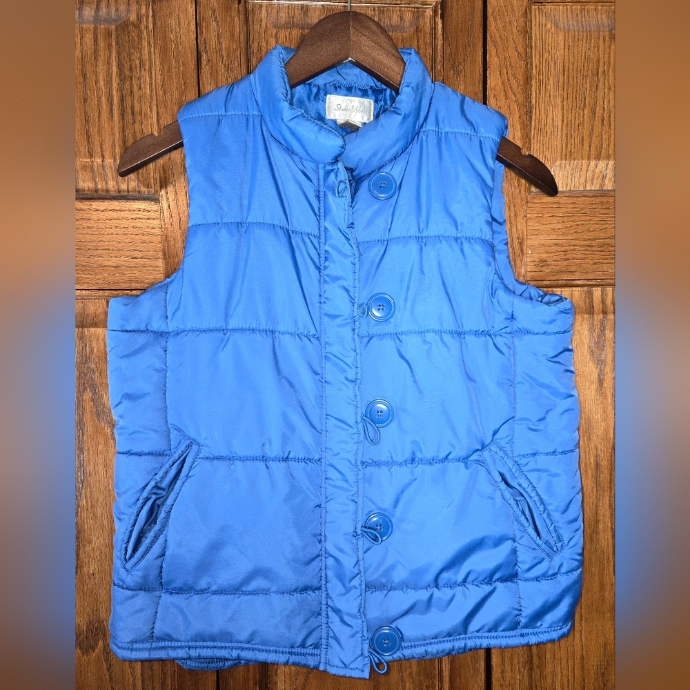 Studio Works Full Zip Blue Puffer Vest Mock Neck with button detail, sz…